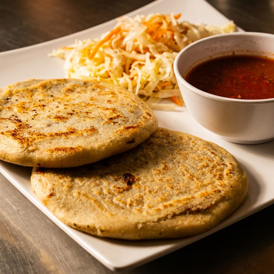 Two pupusas with curtido and red salsa served on a white rectangular plate.