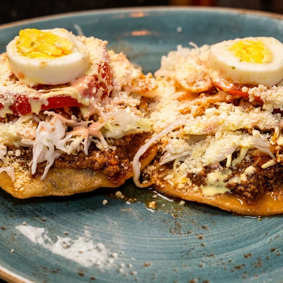 Two loaded tostadas with meat, cheese, vegetables, and hard-boiled egg on a blue plate.