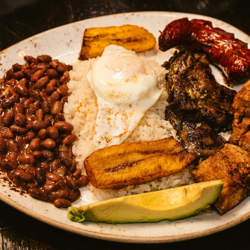 Large plate of rice, red beans, fried egg, plantains, grilled meat, fried pork, and avocado.