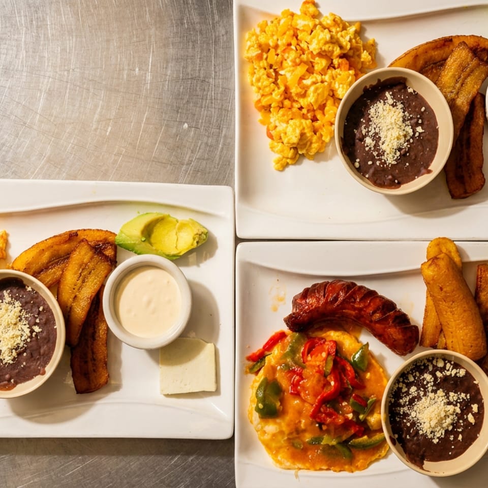 Four breakfast plates with scrambled eggs, sausage, plantains, beans, avocado, and cheese on a metal surface.